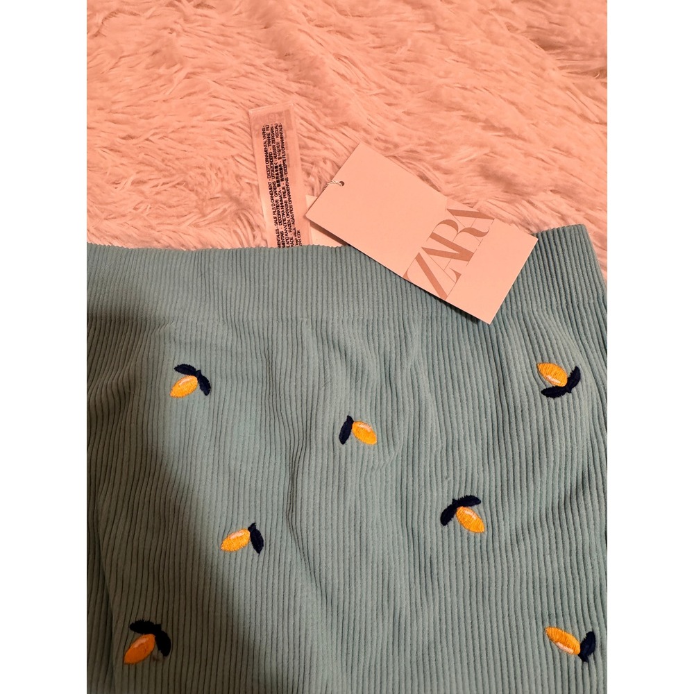 Zara Lemon Embroidered Ribbed Knit Biker Shorts Blue M-L 1014/427/406 NWT
